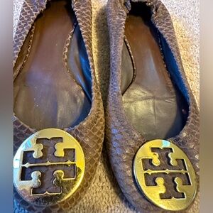 Tory Burch Reva faux snakeskin style brown flats